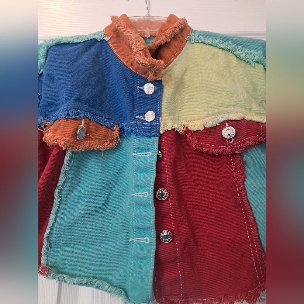 Rainbow Colored Patchwork Style Cropped Button Up… - image 4